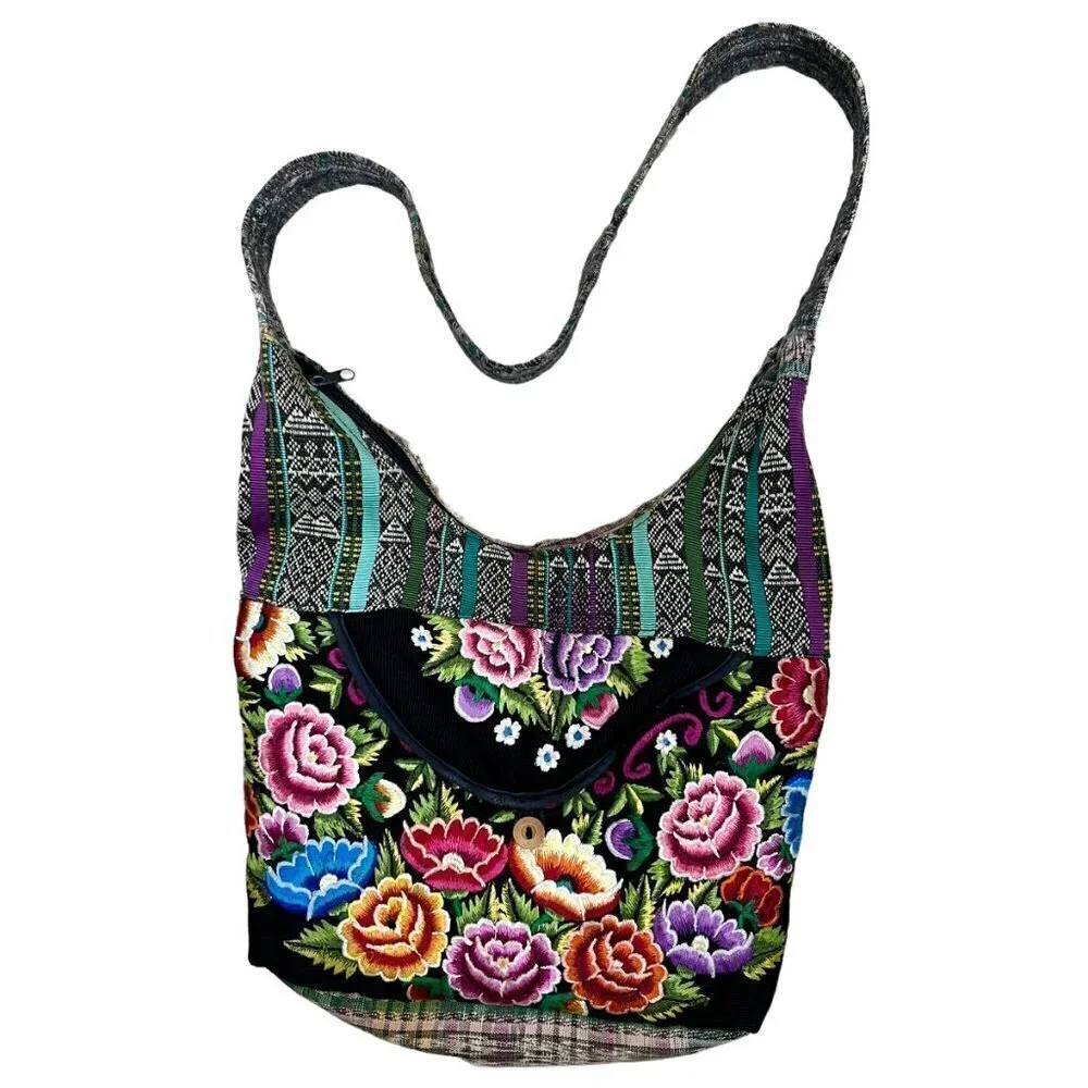 Boho Messenger Hobo Bag Purse Embroidered Floral Colorful Hippie Artisan